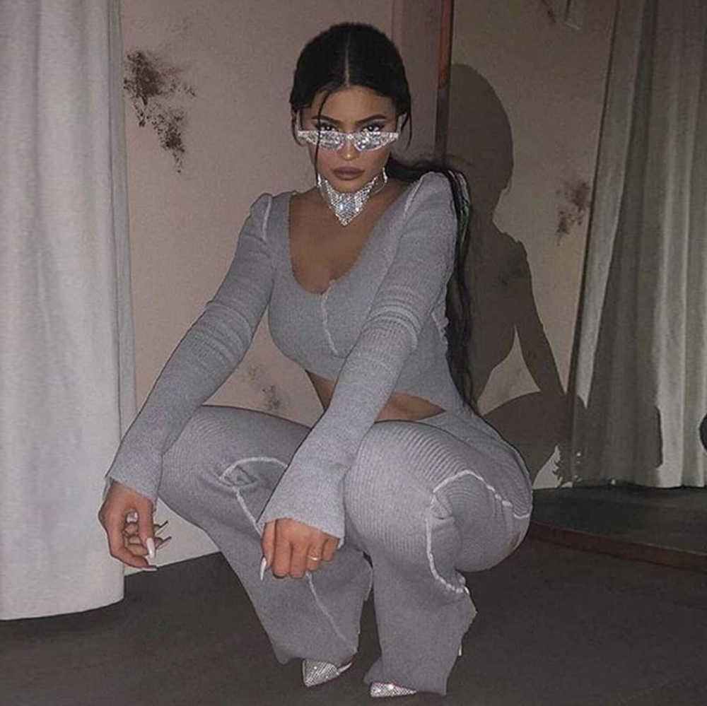 Ribbed Asymmetric Crop Top & Flare Pants Two Piece Set